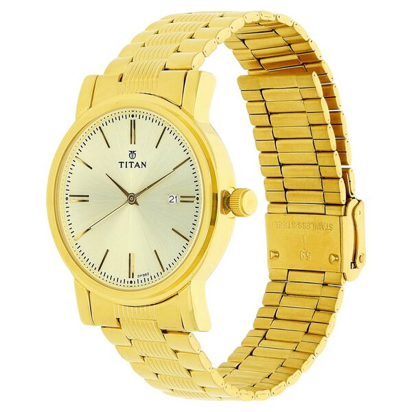 Titan Quartz Analog with Date Champagne Dial Golden Stainless Steel Strap Watch For Men - image number 1