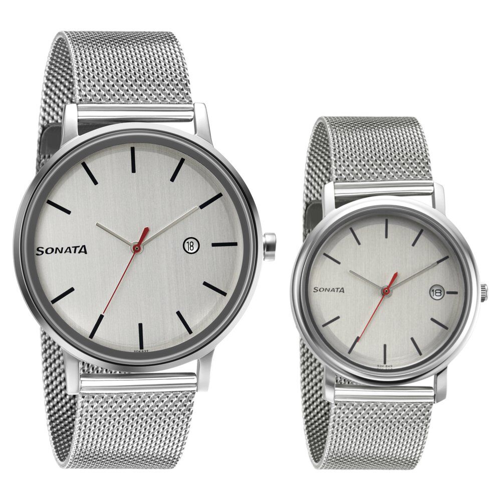 Buy Online Sonata Quartz Analog with Date White Dial Metal Strap Watch for Couple ns713187029sm01p Titan