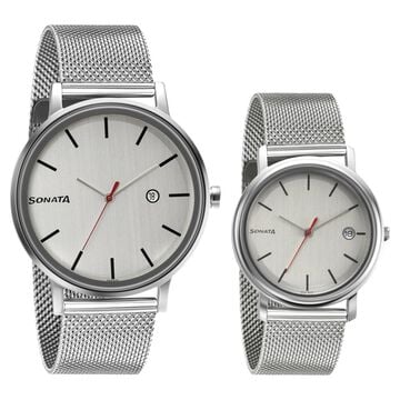Sonata Quartz Analog with Date White Dial Metal Strap Watch for Couple