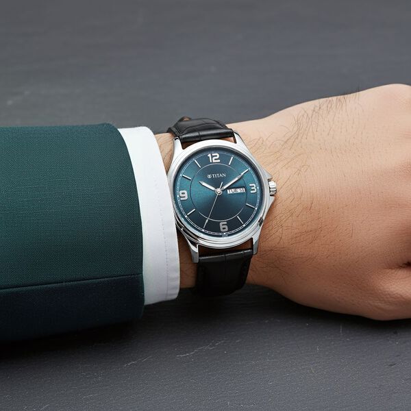 Titan Neo Arabic Analog with Day Date Teal Blue Dial Black Leather Strap Watch for Men - image number 7