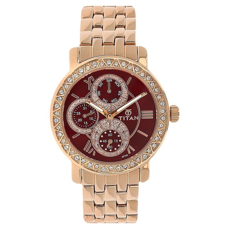 Titan Quartz Multifunction Red Dial Metal Strap Watch for Women