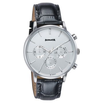 Sonata Festive Quartz Multifunction Silver Dial Black Leather Strap Watch For Men