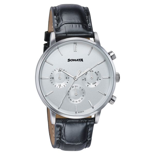 Sonata Festive Quartz Multifunction Silver Dial Black Leather Strap Watch For Men - image number 1