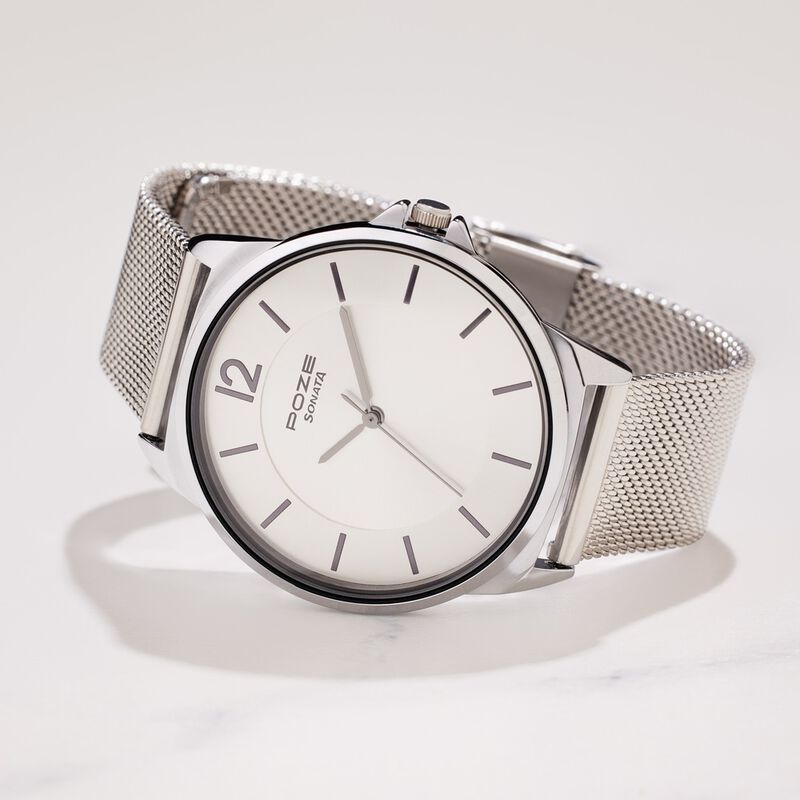 Sonata Poze Quartz Analog Silver Dial Silver Color Stainless Steel Strap Watch For Men