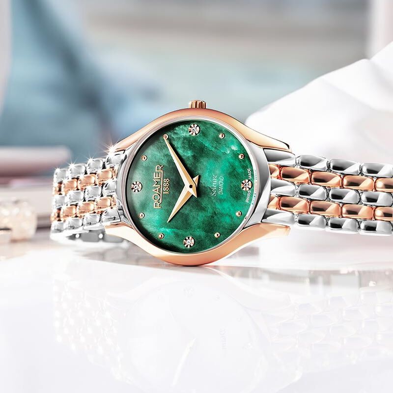 Roamer Soleure Diamond Quartz Analog Green Mother Of Pearl Dial Two Toned Stainless Steel Strap Watch For Women