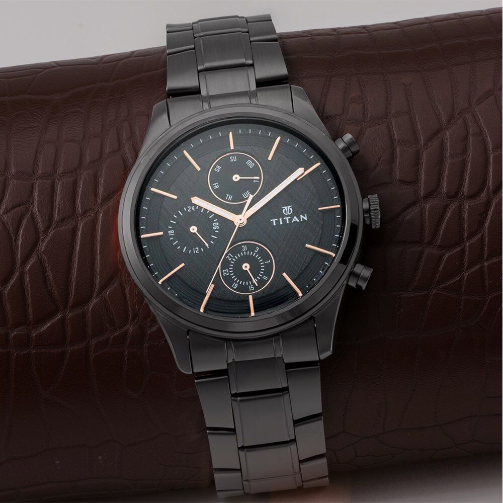 Titan Workwear Multifunction Black Round Dial Black Metal Strap Watch For Men