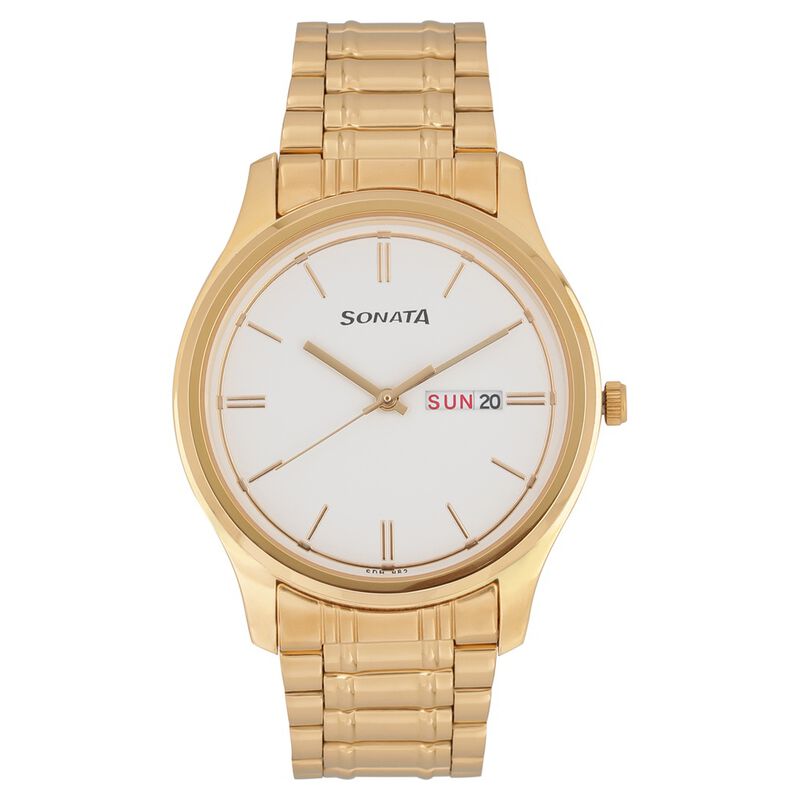 Sonata Quartz Analog with Day and Date White Dial Stainless Steel Strap Watch for Men