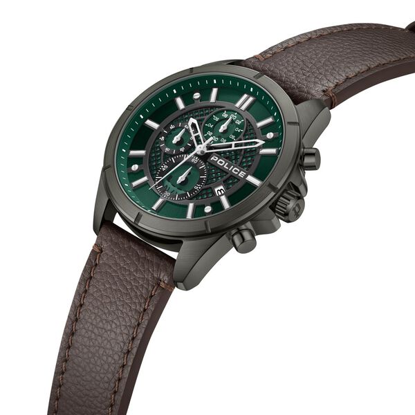 Police Chronograph Green Dial Brown Color Leather Strap Watch For Men - image number 3