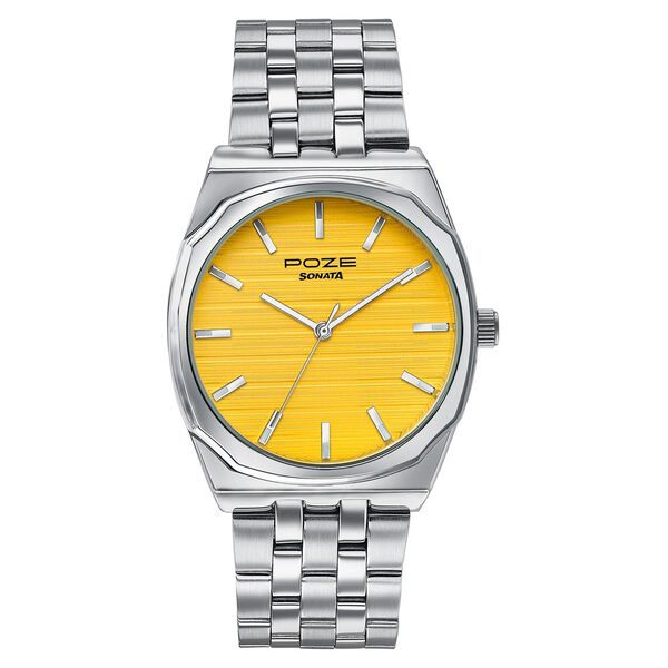 Sonata Poze Quartz Analog Yellow Dial Silver Colour Stainless Steel Strap Watch For Men - image number 2