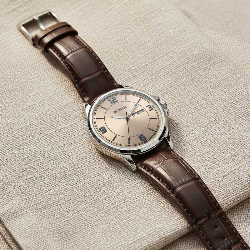Titan Neo Arabic Analog with Day Date Beige Dial Brown Leather Strap Watch for Men