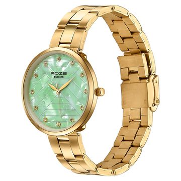 Sonata Poze Quartz Analog Green Dial Golden Colour Stainless Steel Strap Watch For Women
