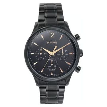 Sonata Wedding Edit Quartz Multifunction Black Dial Stainless Steel Strap Watch For Men