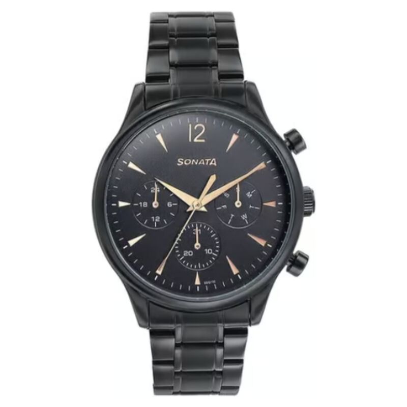 Sonata Wedding Edit Quartz Multifunction Black Dial Stainless Steel Strap Watch For Men