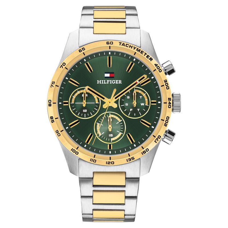 Tommy Hilfiger Quartz Multifunction Green Dial Two Toned Stainless Steel Strap Watch For Men