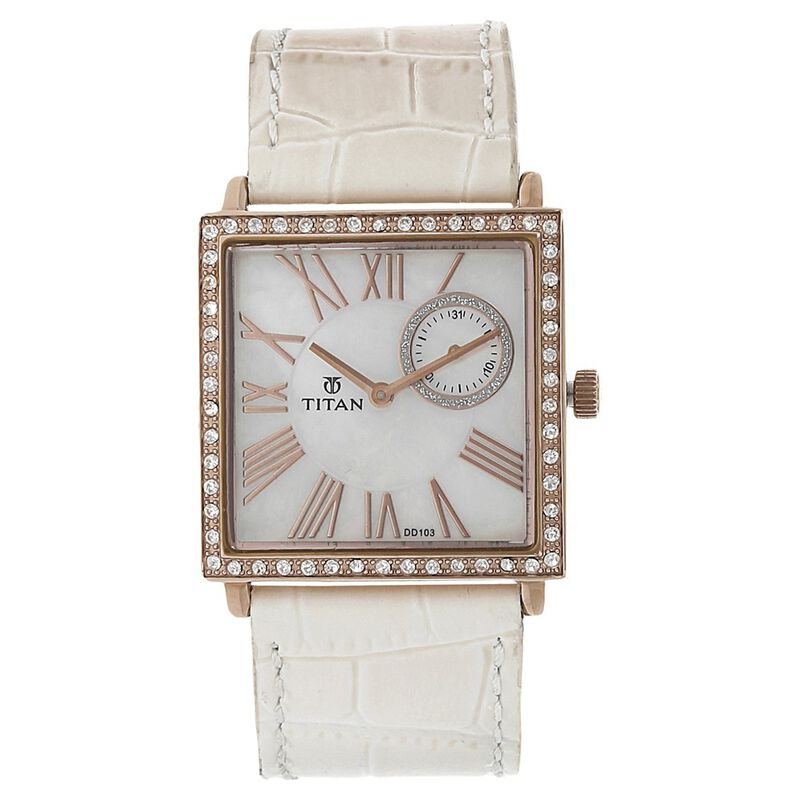Titan Quartz Analog with Date Mother of Pearl Dial Leather Strap Watch for Women