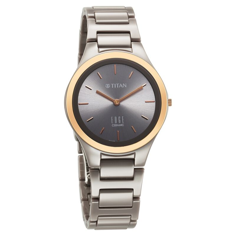 Titan Edge Ceramic Quartz Analog Grey Dial Ceramic Strap Watch For Women