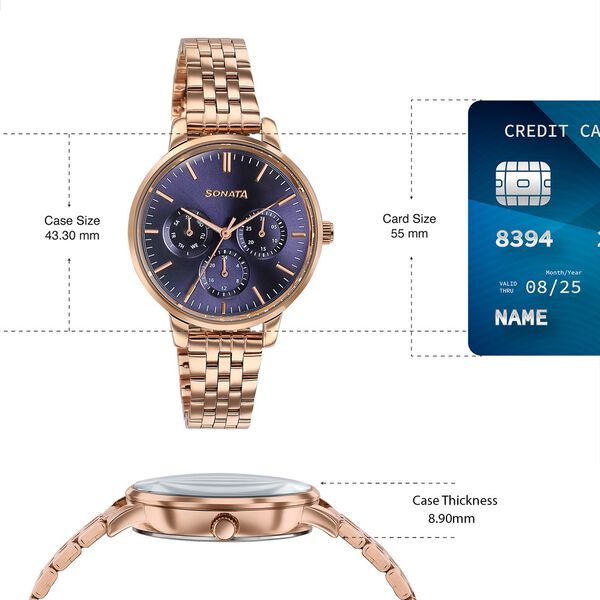 Sonata Verve Quartz Multifunction Blue Dial Rose Gold Metal Strap Watch For Women - image number 3