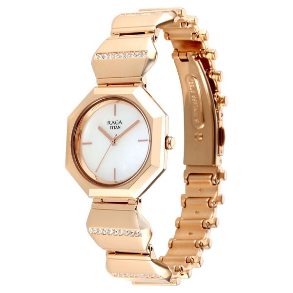 Titan Raga Unlocked Quartz Analog Mother Of Pearl Dial Rose Gold Metal Strap Watch For Women - image number 2
