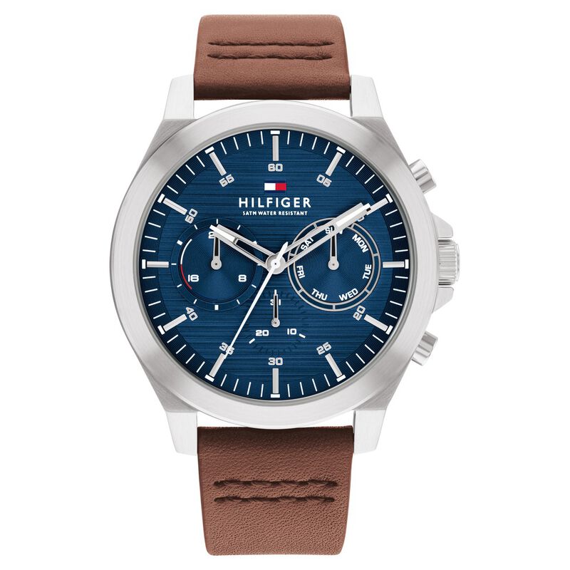 Buy Online Tommy Hilfiger Multifunction Blue Round Dial Brown Leather ...