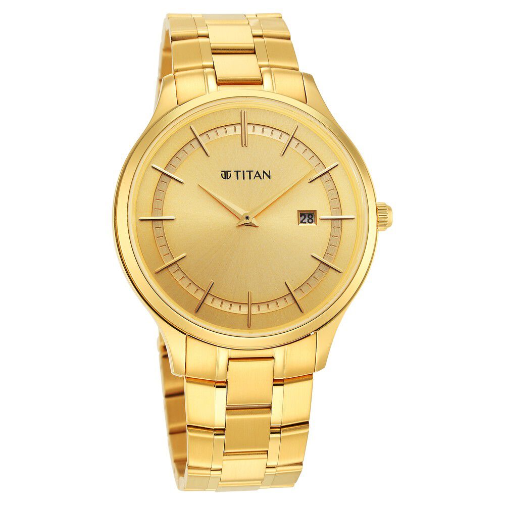 Buy Online Titan Classique Slimline Champagne Dial Analog with Day and Date Stainless Steel Strap Watch for Men ns90142ym01 Titan
