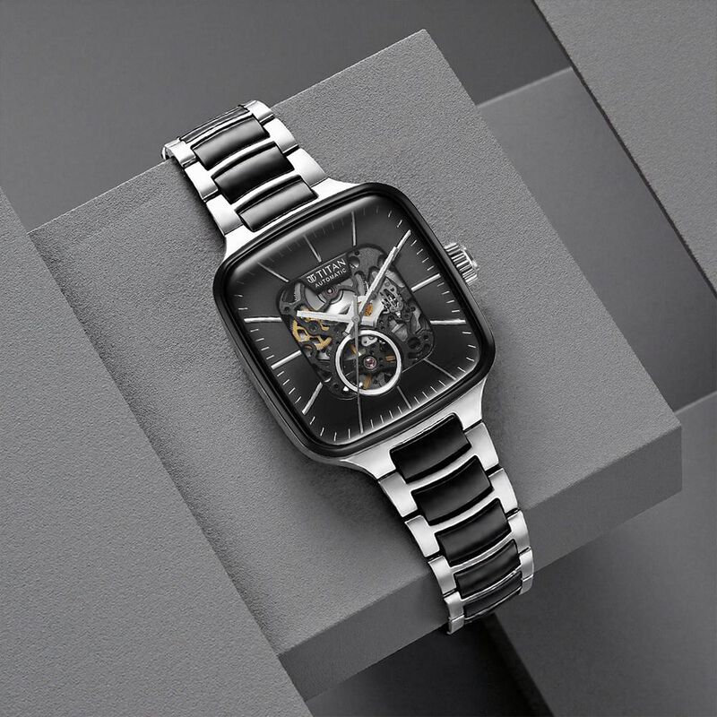 Titan Ceramic Fusion Automatic Square Black Dial Silver Dual-Toned Stainless Steel Bracelet Watch for Men