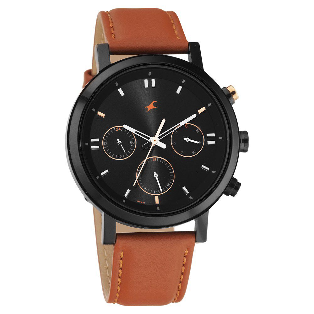 Buy Online Fastrack Tick Tock Quartz Analog Black dial Leather Strap Watch for Guys 3287kl01 Titan