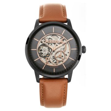 Titan Automatics Black Dial Tan Leather Strap Watch for Men