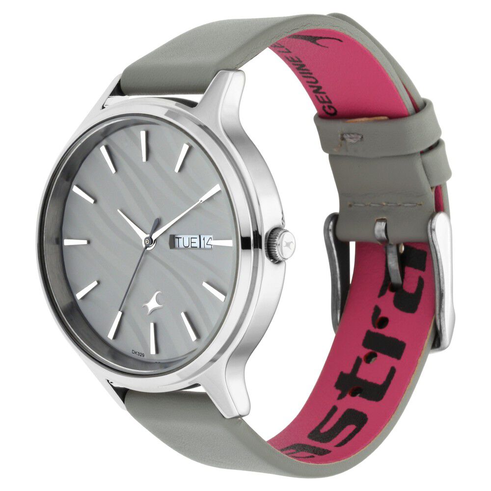 Buy Online Fastrack Ruffles Quartz Analog with Day and Date Grey Dial Leather Strap Watch for Girls ns6207sl01 Titan