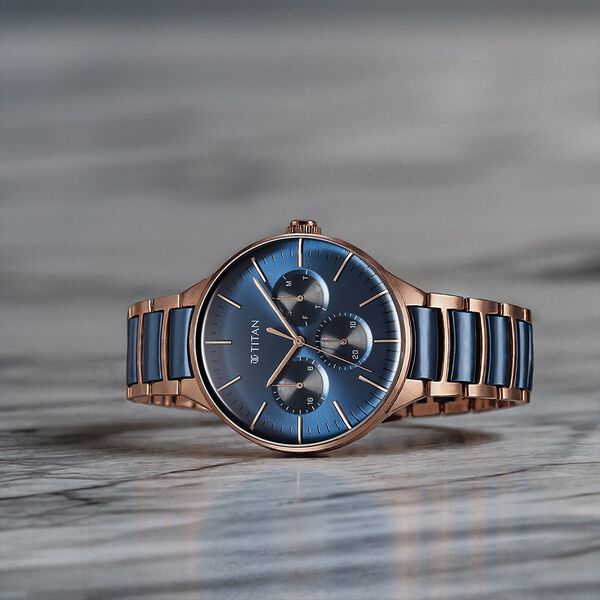 Titan Ceramic Fusion Quartz Multifunction Blue Dial With Two Toned Color Stainless Steel Strap Watch For Men - image number 0