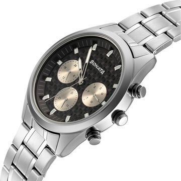 Sonata Multifunction Black Dial Silver Metal Strap Watch For Men