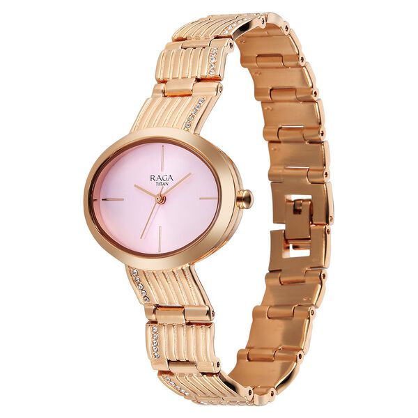 Titan Raga Glimmers Quartz Analog Pink Dial Rose Gold Metal Strap Watch For Women - image number 2