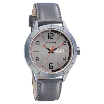 Sonata Quartz Analog with Day and Date Grey Dial Leather Strap Watch for Men