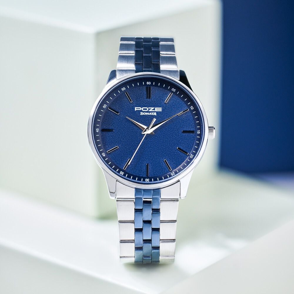 Sonata Poze Quartz Analog Blue Round Dial Two Toned Stainless Steel Strap Watch For Men-picture-32