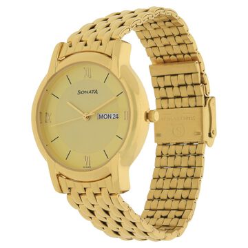 Sonata Quartz Analog with Day and Date Champagne Dial Metal Strap Watch for Men