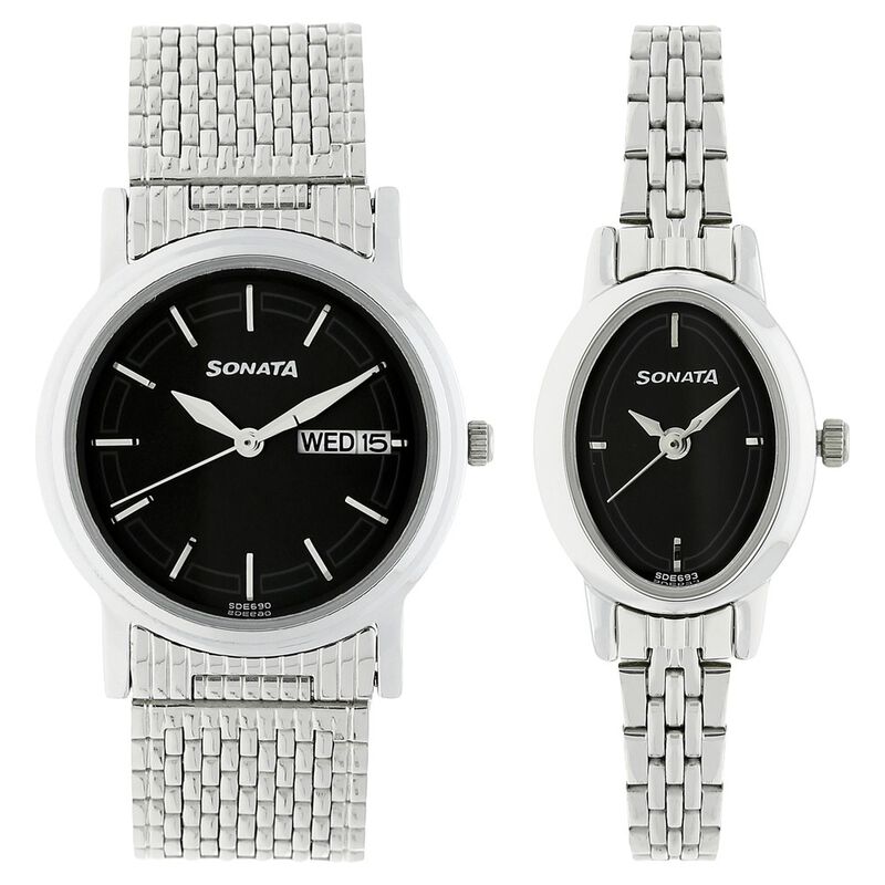 Sonata Quartz Analog with Day and Date Black Dial Metal Strap Watch for Couple