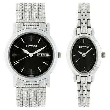 Sonata Quartz Analog with Day and Date Black Dial Metal Strap Watch for Couple