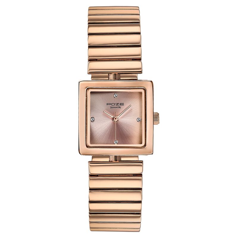 Sonata Poze Quartz Analog Pink Dial Rose Gold Metal Strap Watch For Women
