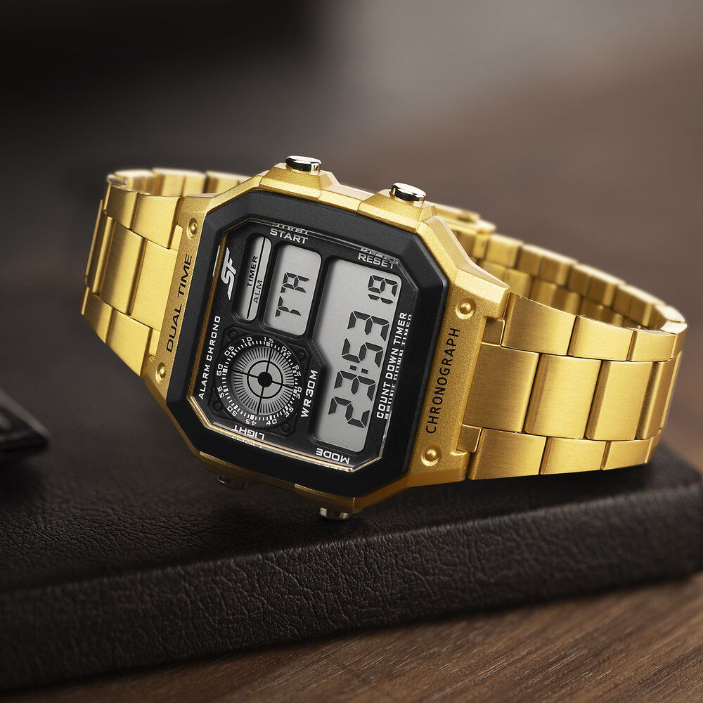 Buy Online SF Digital Dial Golden Stainless Steel Strap Watch For