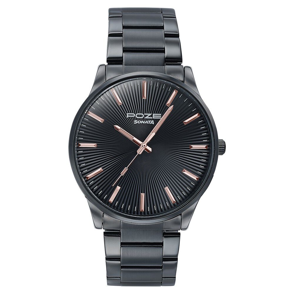 Buy Online Sonata Poze Quartz Analog Black Dial Metal Strap Watch