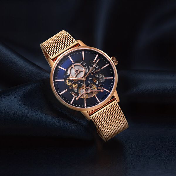 Buy Online Titan Mechanical Slimline Blue Dial Rose Golden Mesh