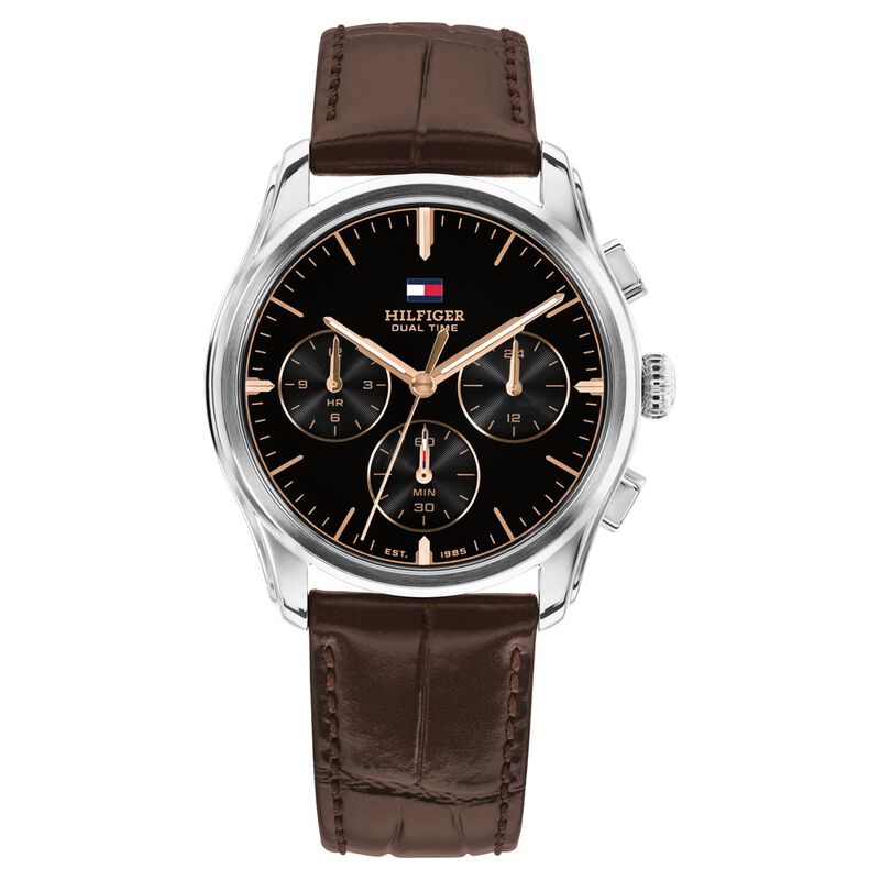 Tommy Hilfiger Quartz Multifunction Black Dial Brown Leather Strap Watch For Men