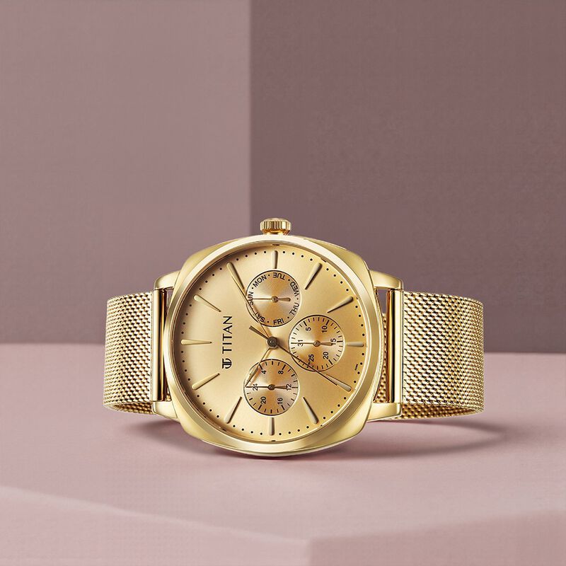 Titan Classique Suave Quartz Yellow Dial Golden Stainless Steel Mesh Strap Watch for Men