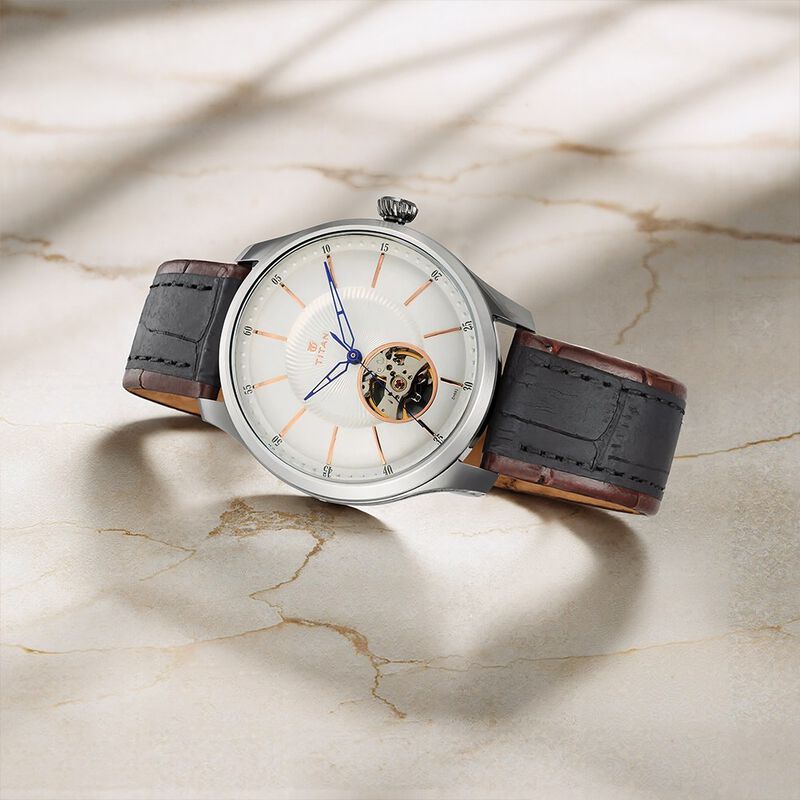 Titan Magnate Automatic White Dial Blue Leather Strap Watch for Men