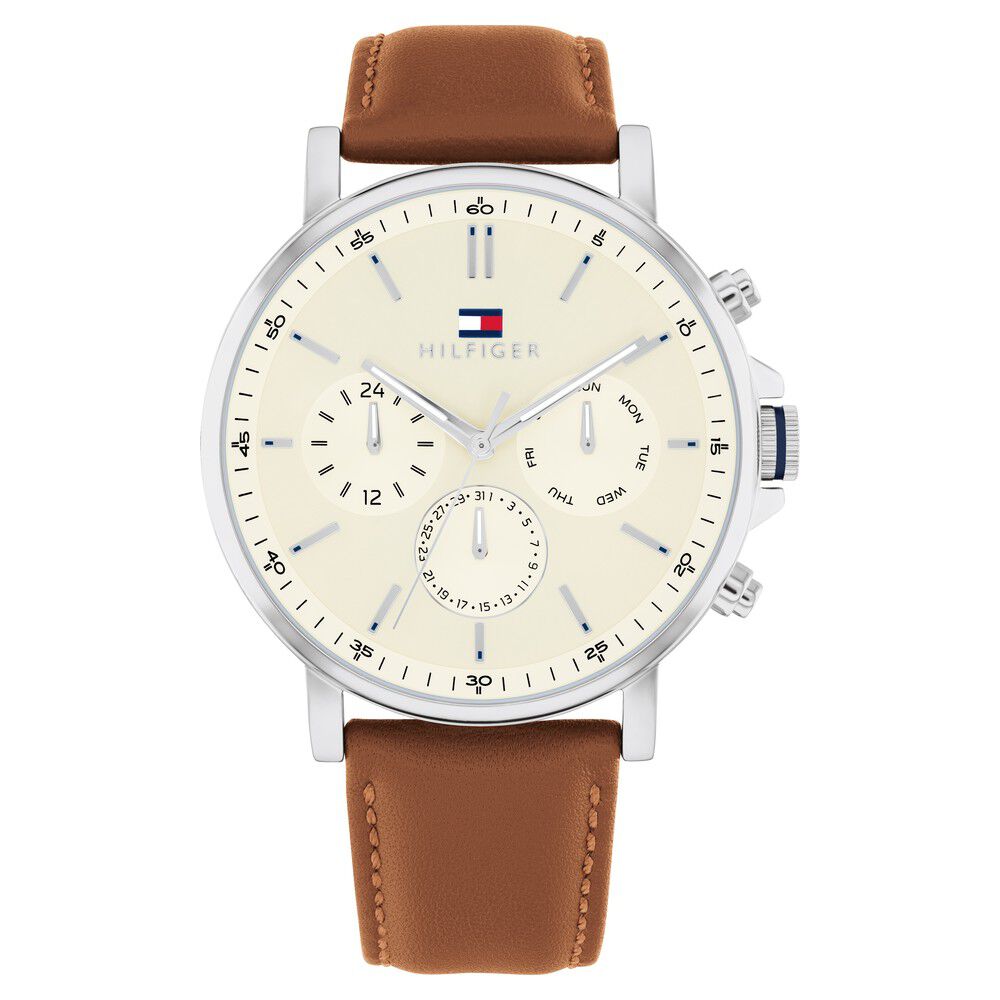Buy Online Tommy Hilfiger Quartz Multifunction Yellow Dial Brown Leather Strap Watch for Men th1792143 p Titan