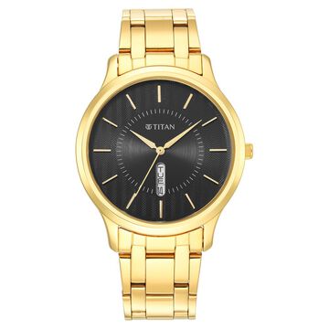 Titan Karishma Quartz Analog with Day and Date Black Dial Golden Stainless Steel Strap Watch For Men