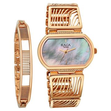 Titan Raga Ethereal Quartz Analog Mother of Pearl Dial Rose Gold Metal Strap Watch For Women