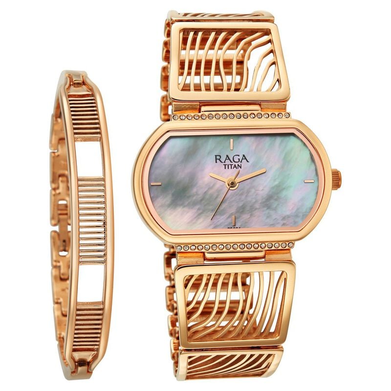 Titan Raga Ethereal Quartz Analog Mother of Pearl Dial Rose Gold Metal Strap Watch For Women