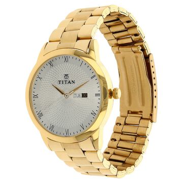 Titan Quartz Analog with Day and Date Silver Round Dial Golden Stainless Steel Strap Watch For Men