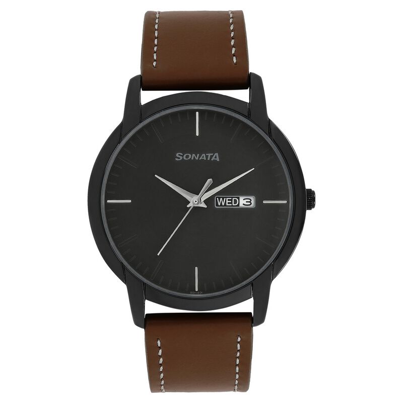 Sonata Quartz Analog with Day and Date Anthracite Dial Leather Strap Watch for Men