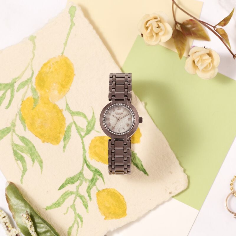 Poze By Sonata Quartz Analog Beige Dial Brown Metal Strap Watch For Women